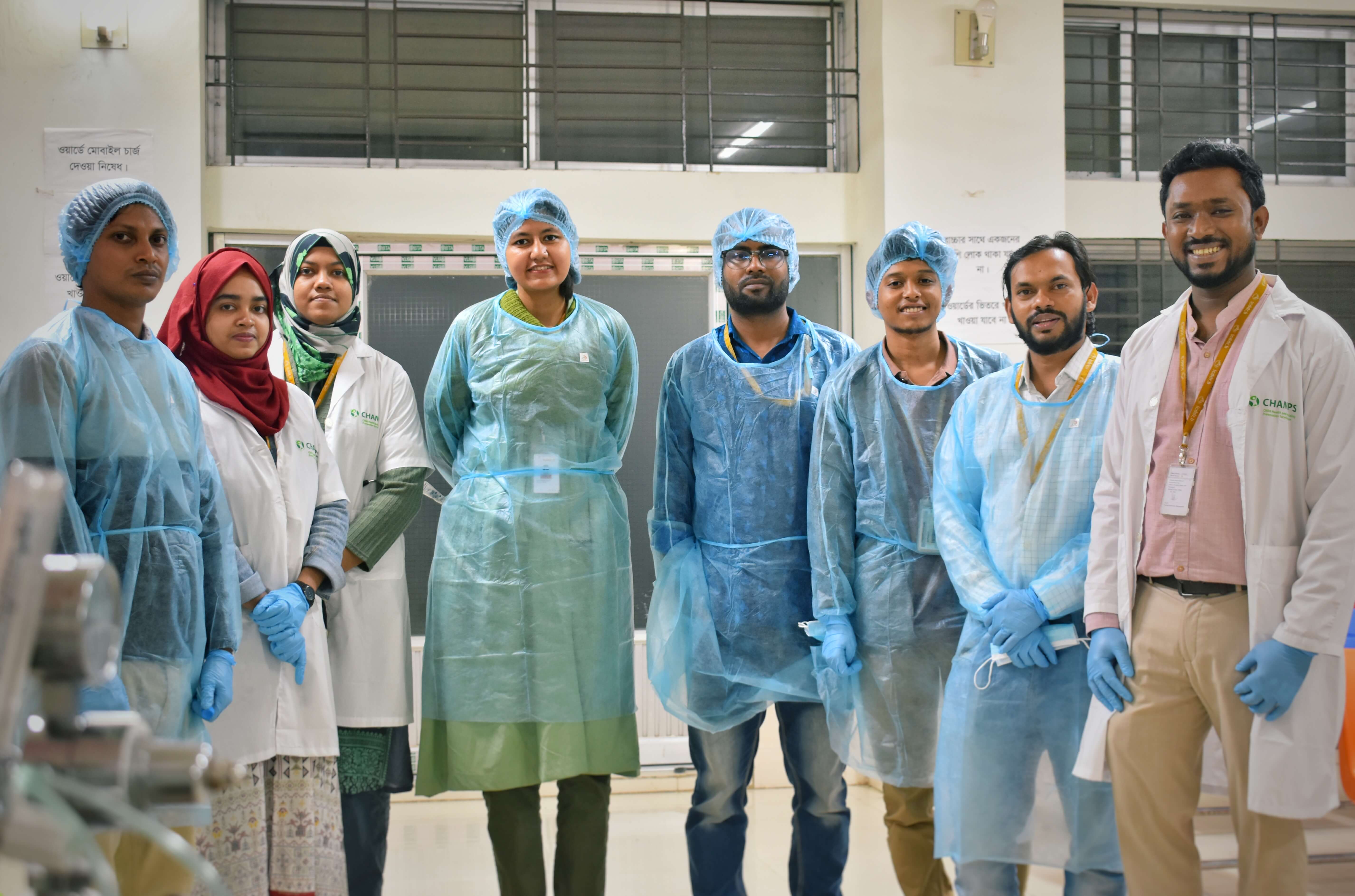 With the laboratory team of icddr,b conducting environmental sampling at FMCH, Bangladesh